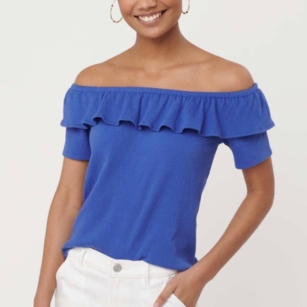 LOFT Royal Blue Off-the-Shoulder Ruffle Knit Top